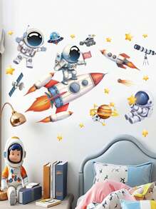 2 Stücke große Weltraum-Astronaut Wandaufkleber, Rakete Universum Planet Wandtattoos für Kinderzimmer, Jungenzimmer, Spielzimmer Dekoration Heimdekoration Wandaufkleber Wanddekoration