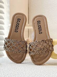 Sandalias planas de verano 2025 para niños, cómodas, de tejido dorado. Sandalias de dedo con diseño redondo para uso casual y holgazán para niñas