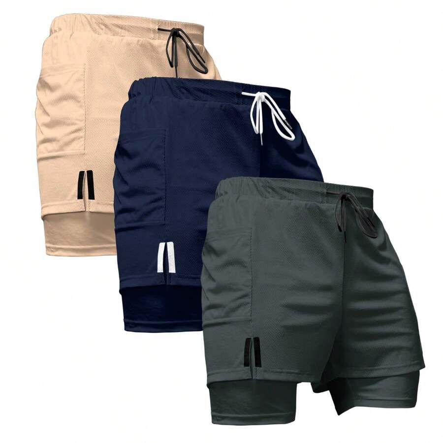 Kit 3 Dry Fit Thermal Training Shorts 2 In 1 With Cell Phone Pocket And Towel Holder Fitness Gym Shorts - 米色 - 查看 1