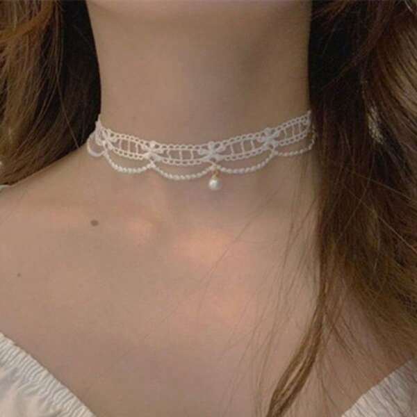 1pc Lace & Pearl Choker Necklace, Gentle Elegant Collar Necklace Chain Suitable For Daily Wear, Vacation, Wedding