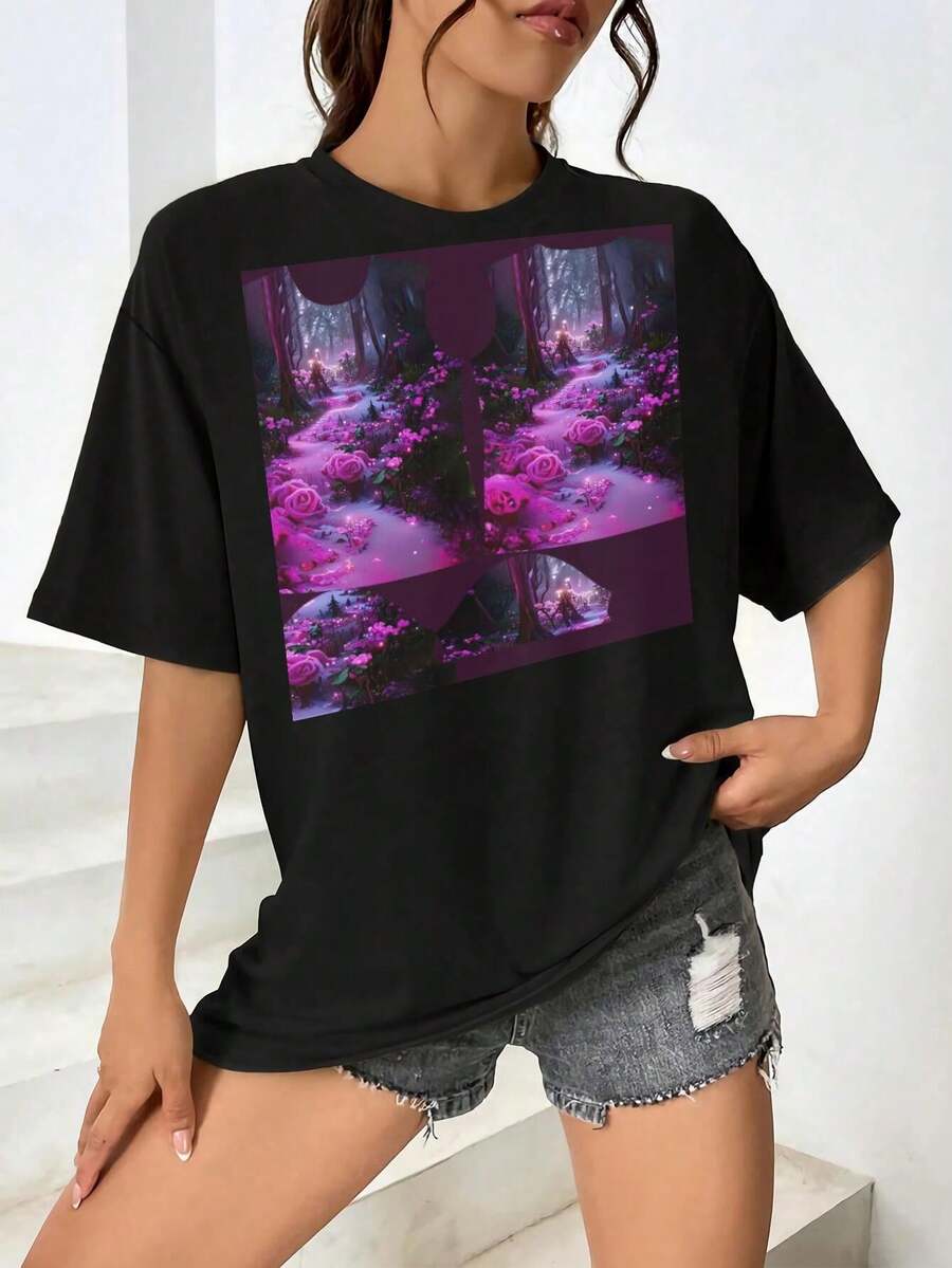 Camiseta estampada vintage de dibujos animados para mujer y hombre | Camiseta gráfica de algodón premium | Top informal de manga corta y cuello redondo | Moda de verano - Negro - Ver 1