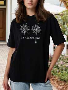 Camiseta divertida de Halloween para mujer con trampa explosiva - Camiseta gráfica con estampado de telaraña - Top de manga corta cómodo de mezcla de algodón para fiestas y eventos de disfraces - Negro - Ver 1