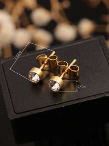 1 Pair Stainless Steel 18K Gold-Color Minimalist Vogue Earrings With Round Cubic Zirconia Stones, Versatile Daily Wear For Women, Suitable As Gifts For Friends
