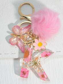 1 件英文字母干花树脂钥匙扣，带蝴蝶、流苏和绒球装饰，时尚钥匙圈礼物，送给妈妈、最好的朋友汽车配件包饰学校可爱哥特 Y2k 包配件挂绳带身份证夹汽车配件包饰 - 淺粉色 - 查看 31