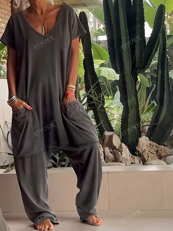 Damen Lässig Jumpsuit mit einfarbigem V-Ausschnitt, Taschen und Kurzarm