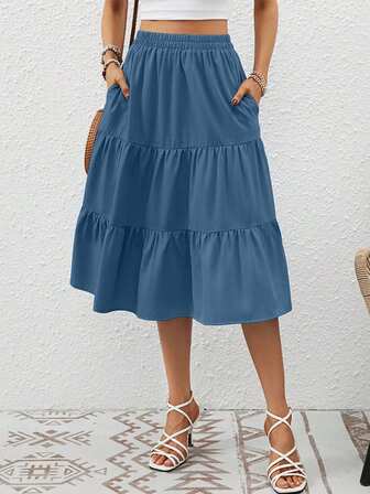 LUEYUN Blue Skirts For Women Elastic Waist Casual Skirt,Fall Women Clothes
