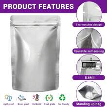 100 Mylar Bags For Food Storage - 10 Mil 1 Gallon (30pc), 8 Mil 1 Quart (30pcs), 6 Mil 1/2 Pint (40pc), Stand Up Resealable Mylar Bags - 銀色 - 查看 5