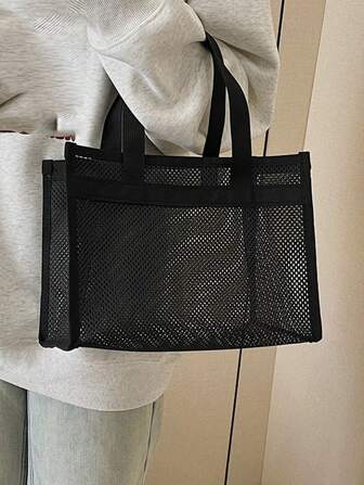 1 件网眼手提包轻便网眼淋浴包，带手柄购物袋，带缝合边缘，纯色，可折叠，适合游泳和健身，轻便，大容量，便携式网眼沙滩包，非常适合家庭旅行、度假