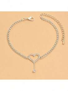 Adjustable Heart-Shaped Ankle Chain - Bohemian Tennis Ankle Chain With Diamond Crystal Layered Bead Design, Suitable For Women And Girls With Adjustable Summer Beach Jewelry, Minimalist Ankle Chain For Weddings/Beach Vacations | Crystal Heart-Shaped Ankle Chain Decorated With Pearl Chains