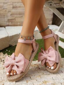 新款厚底凉鞋，甜美时尚蝴蝶结装饰元素，休闲度假风格，适合春夏季节。适用于花园派对、购物旅行、海滩漫步 - 有浪漫粉色、纯白色、经典黑色、凶猛豹纹可选 - 粉色 - 查看 2
