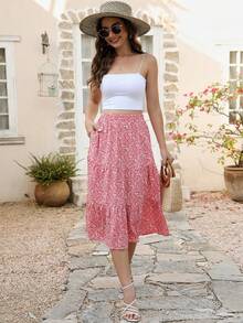 Frenchy 女式碎花荷叶边下摆中长裙，夏季女式半身裙，飘逸粉色半身裙