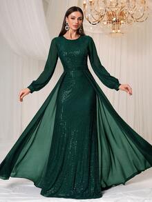 YISIKADO Đầm dạ hội dự tiệc trang trọng cho nữ, Đầm dài tay bằng vải chiffon sequin sang trọng thanh lịch - Màu xanh lá cây đậm - Xem 5