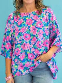 Woven Round Neck Plus Size Batwing Half Sleeve Floral All-Over Print Blouse, Casual Spring/Summer Vacation Wear For Plus Size Women