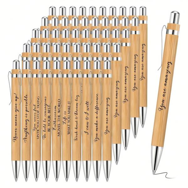 50/100 stylos en bambou, stylos en bois en vrac, stylos à bille à encre noire, articles de papeterie de camping pour enseignants, bureau, fournitures, collègues et employés. Texte de contenu et polices artistiques diverses personnalisables, gravure inspirante, lettres personnalisables, inspirantes, rentrée des classes, convient pour les cadeaux d'anniversaire, l'anniversaire