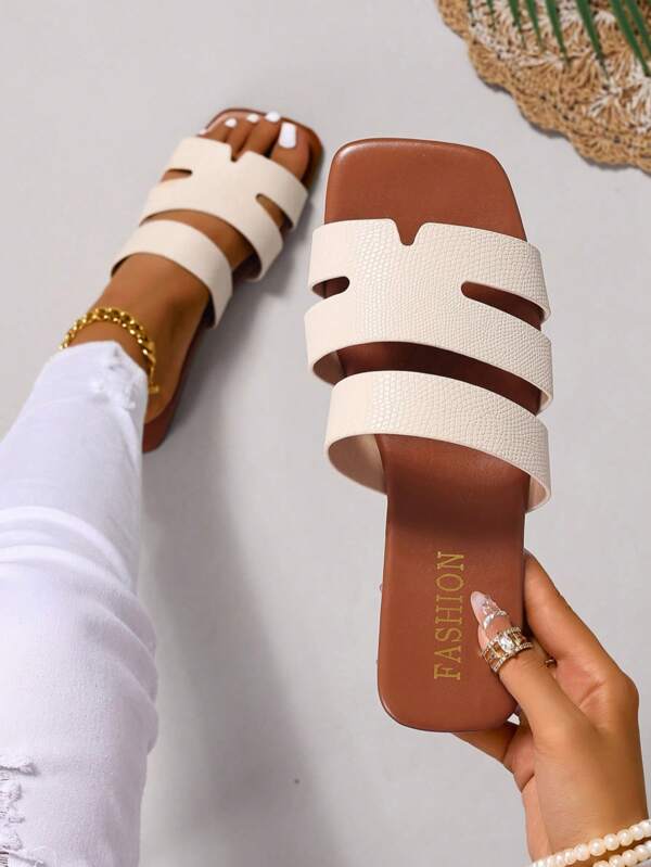 Women's Fashion Flat Sandals, Comfortable Slip-On Leather Solid Color Slide Slippers, Fashionable Summer Footwear, Easy To Match With Casual Clothes, Durable Craftsmanship And Soft Material, All-Day Comfort
