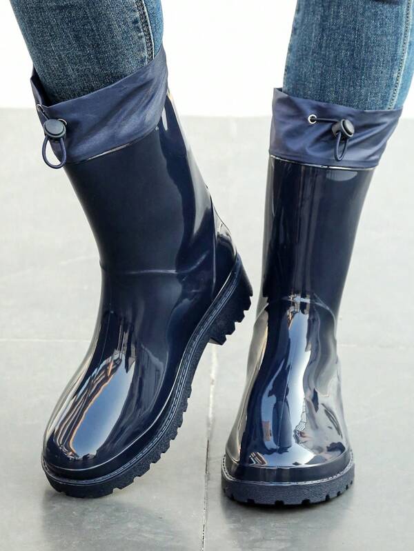 Bottes de pluie mi-mollet pour femmes avec semelle en caoutchouc - Chaussures de travail imperméables et antidérapantes avec bande élastique, style de base, marine, bleu foncé