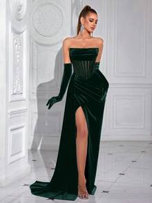 ADYCE Women's Elegant Solid Color Sweetheart Bodice With Waist Tie And Long Sash Front Split Open Back Women's Formal Evening Party Dress (Does Not Include Gloves) - Dark Green - View 7