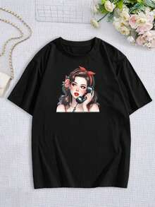 Camiseta vintage negra de manga corta para mujer | Camiseta retro con estampado de teléfono de chica | Top gráfico rockabilly pinup | Idea de regalo única | Ropa cómoda para cada día - Negro - Ver 3