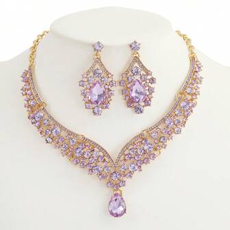 1 套奢华水晶水滴项链和耳环新娘婚礼首饰套装，女士派对配饰