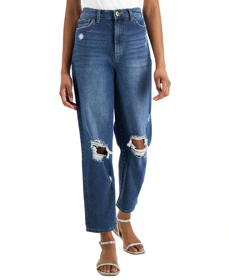 INC International Concepts Womens High Rise Ripped Mom Jeans - Blue - View 1
