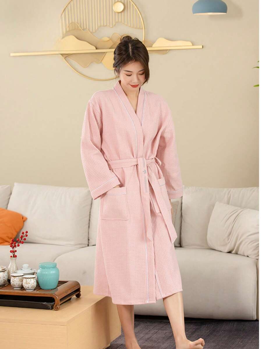 1pc Waffle Bathrobe, Unisex Adult Kimono Style Robe, Spring/Summer, Suitable For Homestay/Hotels, Absorbent & Quick Drying, Loose Fit, White/Pink/Green/Navy Back To School