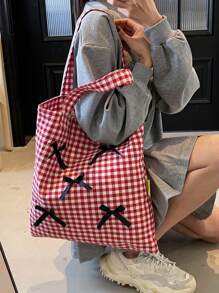 Large Capacity Plaid Bow Decor Handbag & Shoulder Bag For Women, Students School Tote Bag, Commute & Travel Diaper Bag