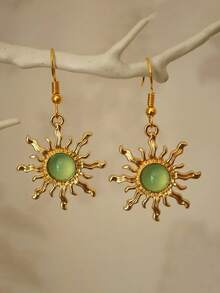 1 Pair Bohemian Style Baroque Sunflower Faux Jade Plated Gold Dangle Earrings, Elegant & Fashionable Earring Hooks - Sun - View 2