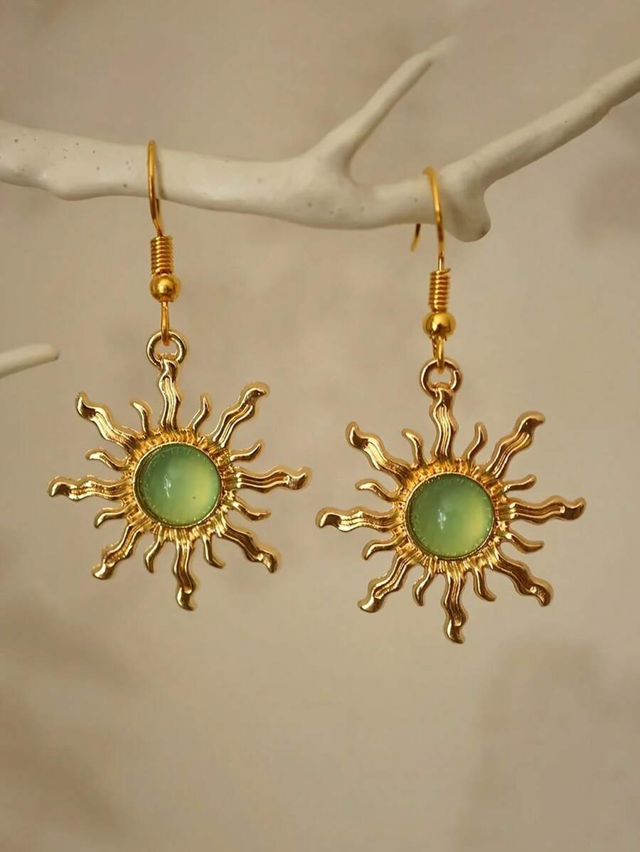 1 Pair Bohemian Style Baroque Sunflower Faux Jade Plated Gold Dangle Earrings, Elegant & Fashionable Earring Hooks