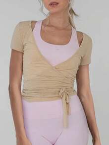 Women's Short Sleeve Wrap Sexy V Neck Shirts Summer Ribbed Knit Tops T Shirts Slim Fitted Casual Tees - 咖啡色 - 查看 1