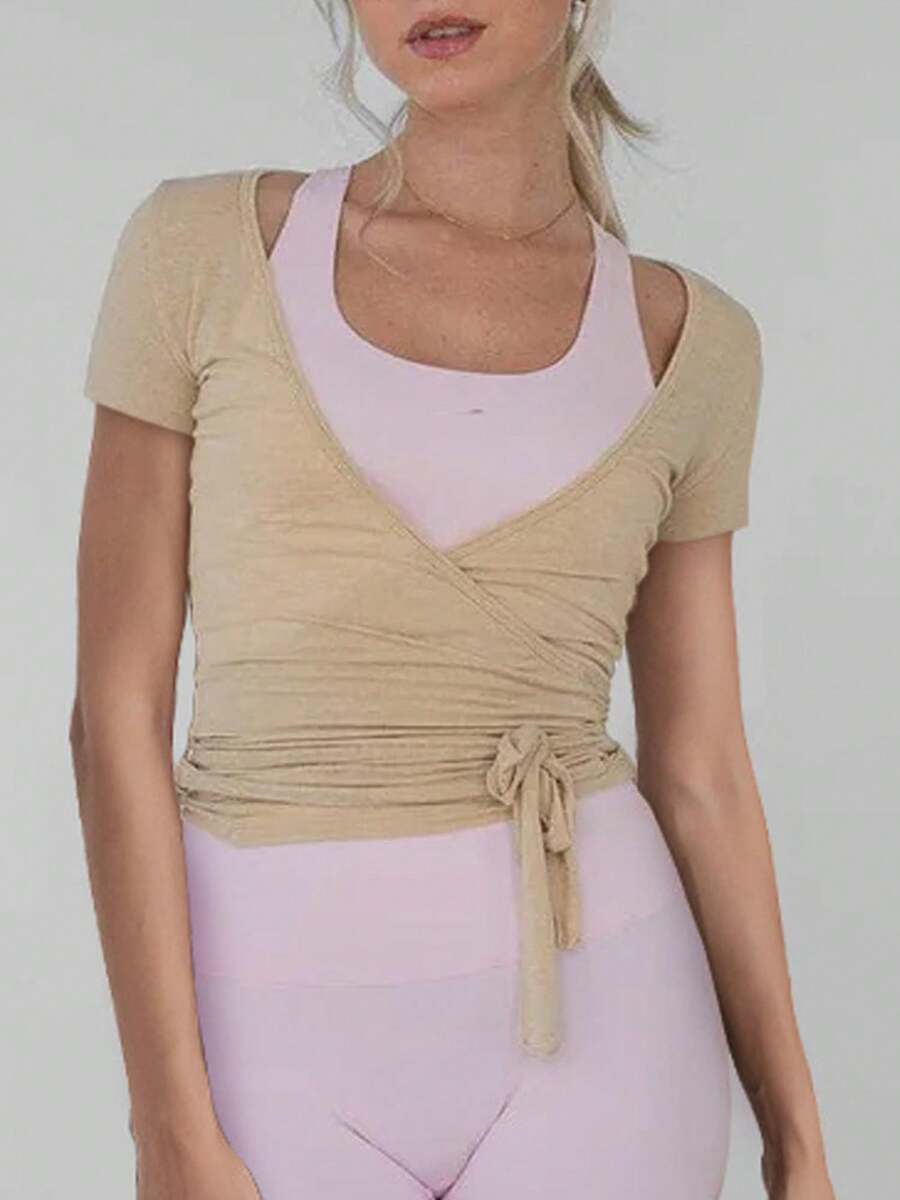 Women's Short Sleeve Wrap Sexy V Neck Shirts Summer Ribbed Knit Tops T Shirts Slim Fitted Casual Tees - 咖啡色 - 查看 1