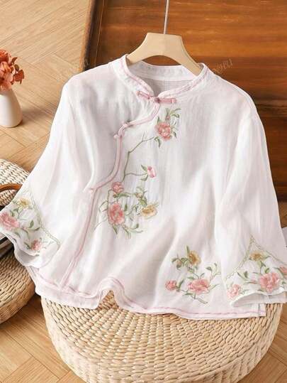 JIANHU Women's Linen-Cotton Embroidered Boho Blouse - Chinese Knotted Collar With Floral Embroidery, Relaxed Summer Tunic For Garden Parties/Date Nights/Casual Wear