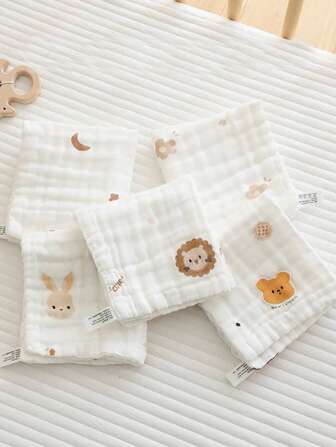 5 Stücke/Packung zufälliges Cartoon-Design Baby-Lätzchen, super weich reine Baumwolle Neugeborenen Waschlappen Handtücher für Säuglinge und Kleinkind