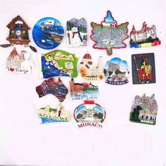 金属3D立体冰箱贴，印有各国著名城市建筑和特色代表树，个性化树脂旅行纪念品，家居装饰磁铁