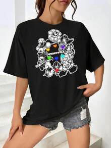 Camiseta negra de manga corta con estampado de personaje Undertale para mujer - Linda camiseta para chicas y mujeres para videojuegos - Top informal para uso diario - ¡Compra ahora! - Negro - Ver 1