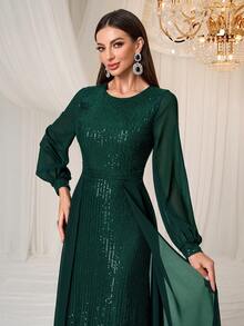 YISIKADO Đầm dạ hội dự tiệc trang trọng cho nữ, Đầm dài tay bằng vải chiffon sequin sang trọng thanh lịch - Màu xanh lá cây đậm - Xem 7