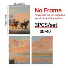 3pcs Cowboy 3 PiecesWall Art, Western Oil Painting Set Of Three Prints, Desert Landscape, Rodeo Horseback Riding Equestrian Decor