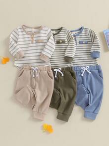 Infant Baby Boys 2Pcs Tracksuit Stripes Print Long Sleeve Romper Elastic Waist Long Pants Set Casual Clothes Set Spring Fall - 軍綠色 - 查看 1