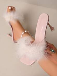 Women's Fluffy Feather-Like Open Toe High Heel Sandals, Outdoor Fashionable Casual Mule Stiletto Flower-Shaped Heels, Solid Color High Heel Sandals, Perfect Choice For Spring/Summer Outings - Pink - View 1