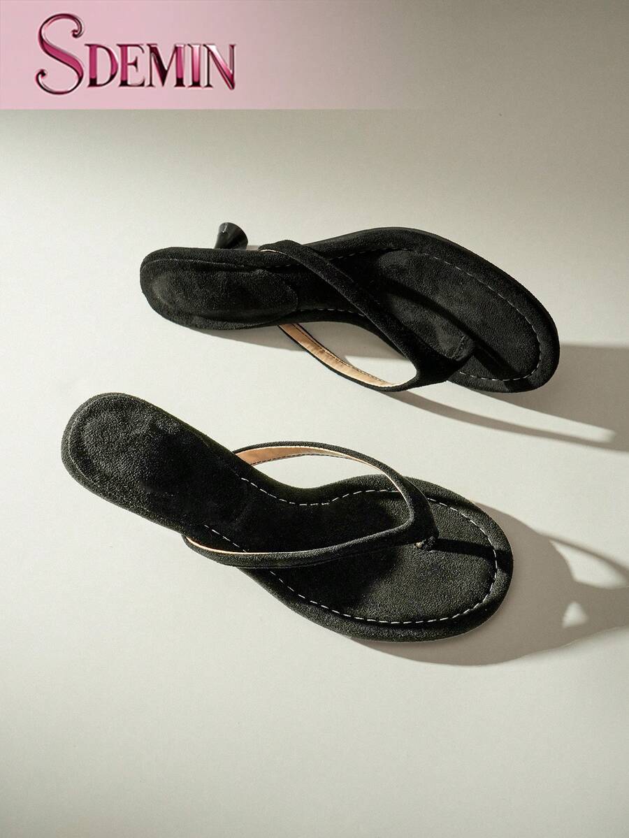 SDEMIN Summer New Arrival Women's Solid Color Slippers, Elegant Vacation Shoes, Casual Beach High Heels Sandals, Fashionable Slip-On Heels For Dress - 黑色 - 查看 1