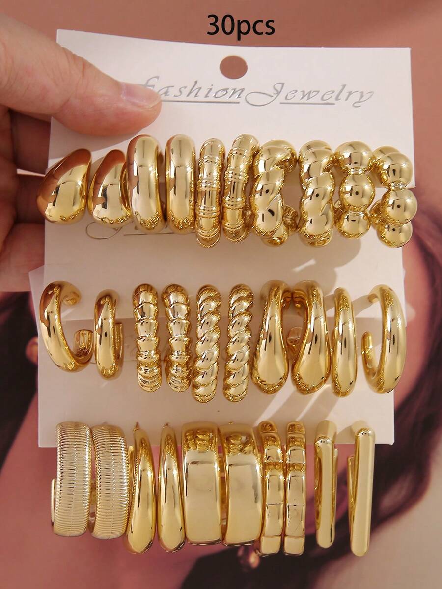 10-30pcs Fashion Textured Twist Hoop Geometric Earrings, Suitable As Holiday Gift For Friends And Family - Multicolor - View 1