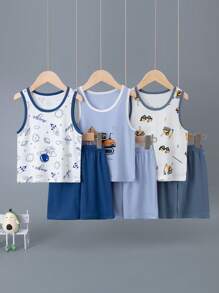6 pièces/Set Vêtements de nuit d'été pour garçons 100% coton Ensemble débardeur et short, Ensemble pyjama jeune garçon motif espace fin