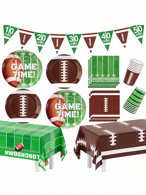 10pcs Football Party Supplies Including Dinner Plates, Dessert Plates, Napkins, Cups, Banners And Touchdown Tablecloths For Football Birthday Parties Football Game Day Tailgate Party Decorations,Rugby Party