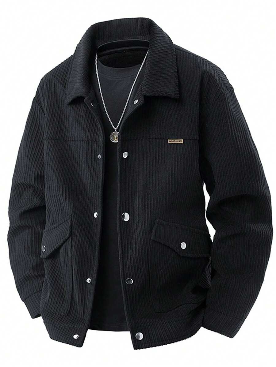 Men's Casual Jacket With Pocket Decor, Stand Collar - Black - View 1