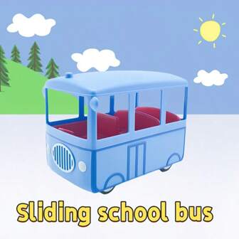 1 pieza Juguete de Autobús Escolar Azul, con función deslizante, tapa abierta para poner personajes de dibujos animados, conjunto de juego de simulación - Adecuado para reuniones familiares, regalos de cumpleaños, regalos festivos [Sin música ni baterías incluidas]