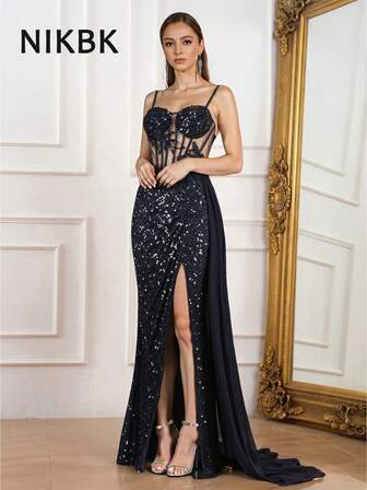 女士夏季黑色优雅网眼刺绣亮片开衩长款礼服，适合女士婚礼宾客礼服、派对礼服、晚礼服