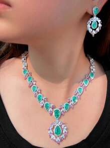 1 set colier și cercei cu zirconiu cubic în formă de lacrimă verde deschis, cu frunze roz, placați cu argint și zircon cubic, pentru femei, nuntă, logodnă, bal, club de noapte, concurs de nuntă