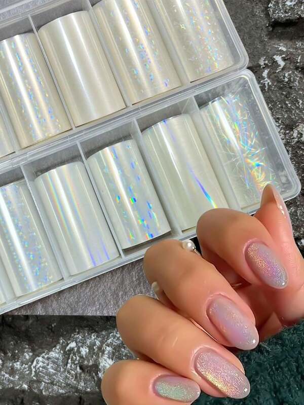 10 Rollos/Caja Pegatinas de foil holográfico láser Aurora - Autoadhesivas con diseño geométrico de estrellas arcoíris, brillantes para manicura y pedicura, decoración fantástica para arte de uñas, pegatinas de uñas holográficas, accesorios para pedicura