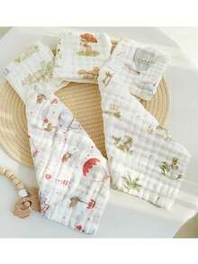 5pcs/Set Cartoon Animal Print Baby Drool Bibs, Newborn Soft Cotton Washcloth Handkerchiefs, Baby Essentials - Multicolor - View 3