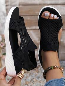 Plus Size Women Casual Sports Sandals, Lightweight Slip-On Comfortable Fashion Sandals, Simple Net Fabric Versatile Wedge Heel Non-Slip Breathable Elastic Thick Sole Summer Open Toe Contrast Color Vacation Wide Fit - Black - View 3