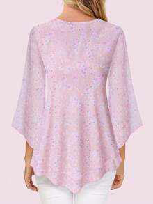 CheersLife Women Dressy Blouse V Neck Double Layers Elastic Mesh Casual Flowy Work Shirts Ruffle 3/4 Flared Sleeve Tunic Tops